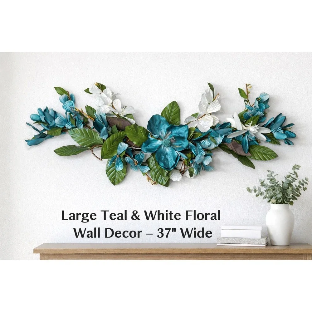 Large Teal & White Floral Wall Decor Metal Flower Wall Art 37